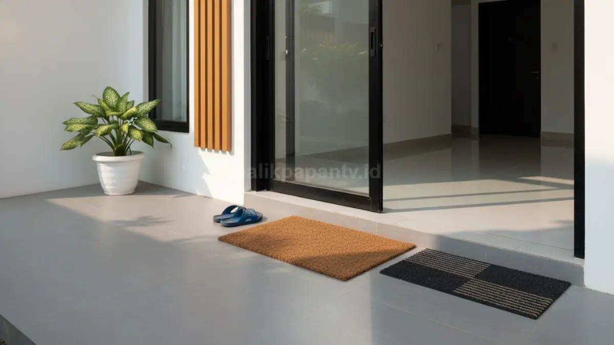 Keset modern di pintu rumah minimalis yang tampak bersih dan rapi