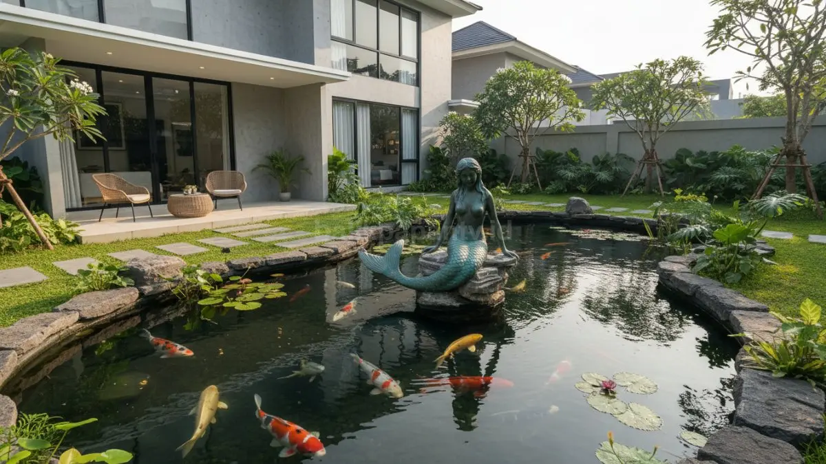 Kolam ikan dengan patung mermaid di tengah taman belakang rumah
