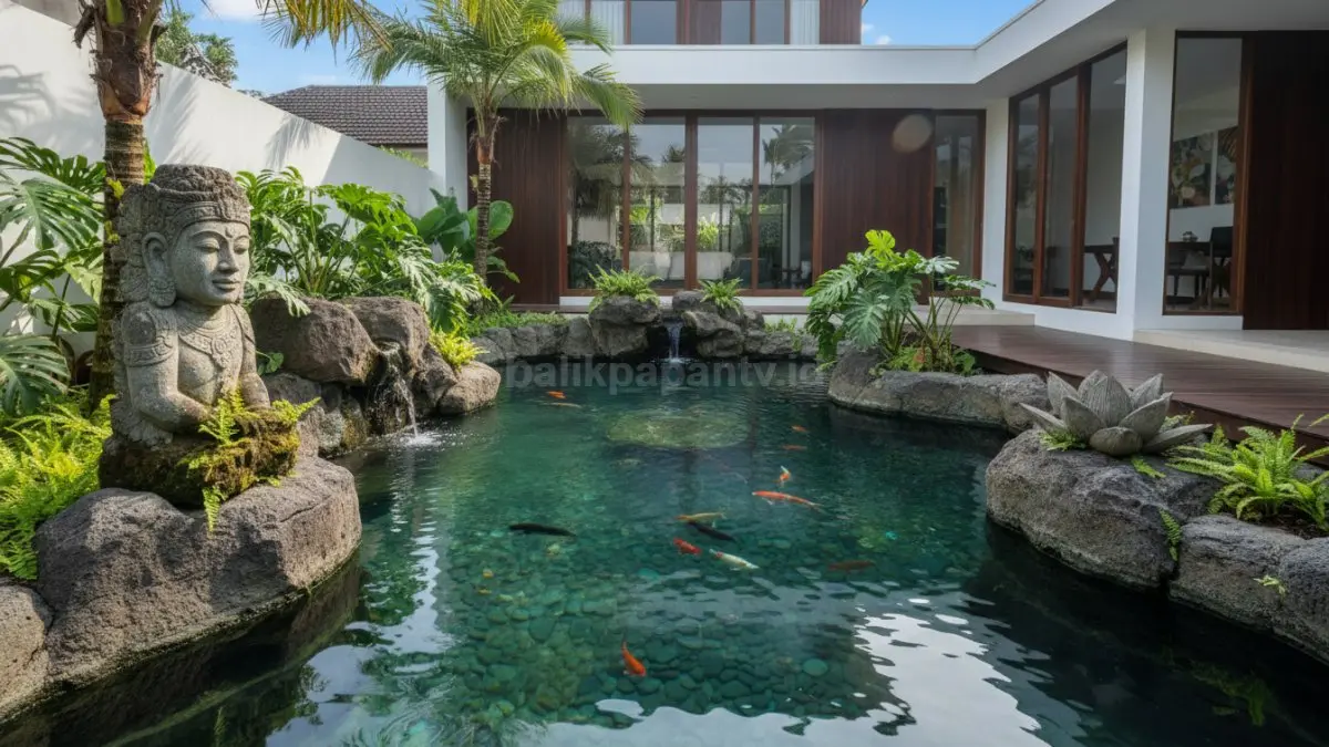 Kolam ikan natural dengan batu alam dan patung dekoratif di sisi kolam
