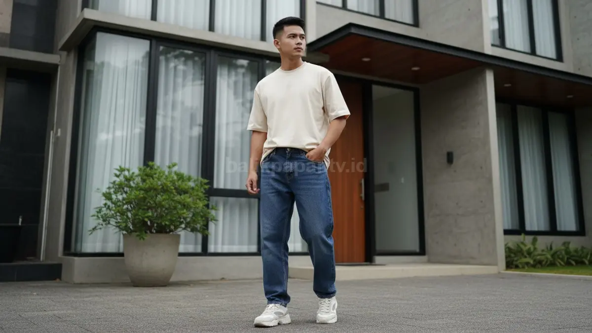Kombinasi jeans dengan kaos oversize dan sneakers untuk gaya harian
