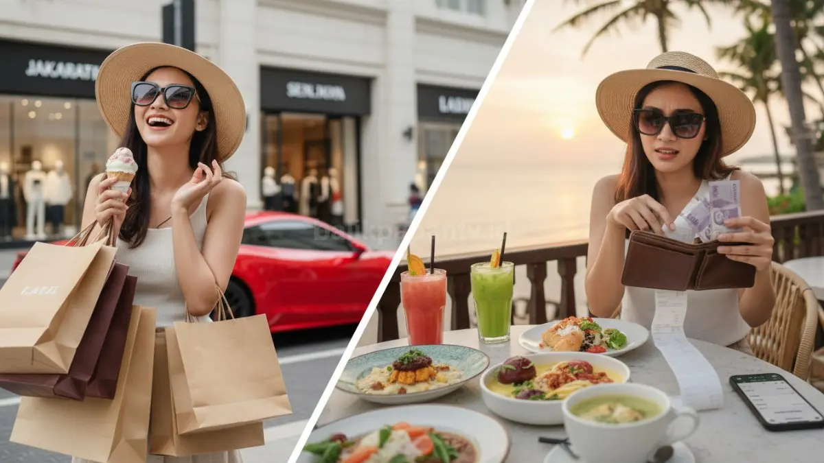 Seseorang terlihat menikmati liburan mewah dengan banyak aktivitas spontan seperti belanja dan kuliner, namun di sisi lain tampak kebingungan menghitung pengeluaran dari dompet yang menipis, menggambarkan perjalanan tanpa perencanaan matang yang berisiko menguras keuangan.