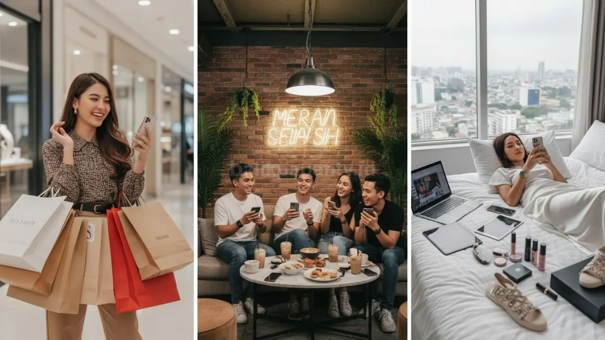 lustrasi gaya hidup modern dengan belanja, nongkrong, dan media sosial sebagai simbol hedonisme masa kini