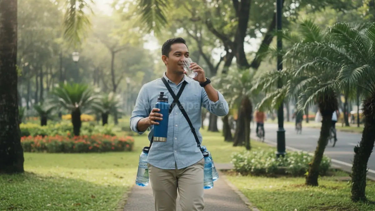 lustrasi seseorang membawa botol air minum dan rutin mengonsumsi air putih sepanjang hari, menekankan pentingnya hidrasi untuk membantu proses pencernaan dan menjaga fungsi usus tetap optimal.