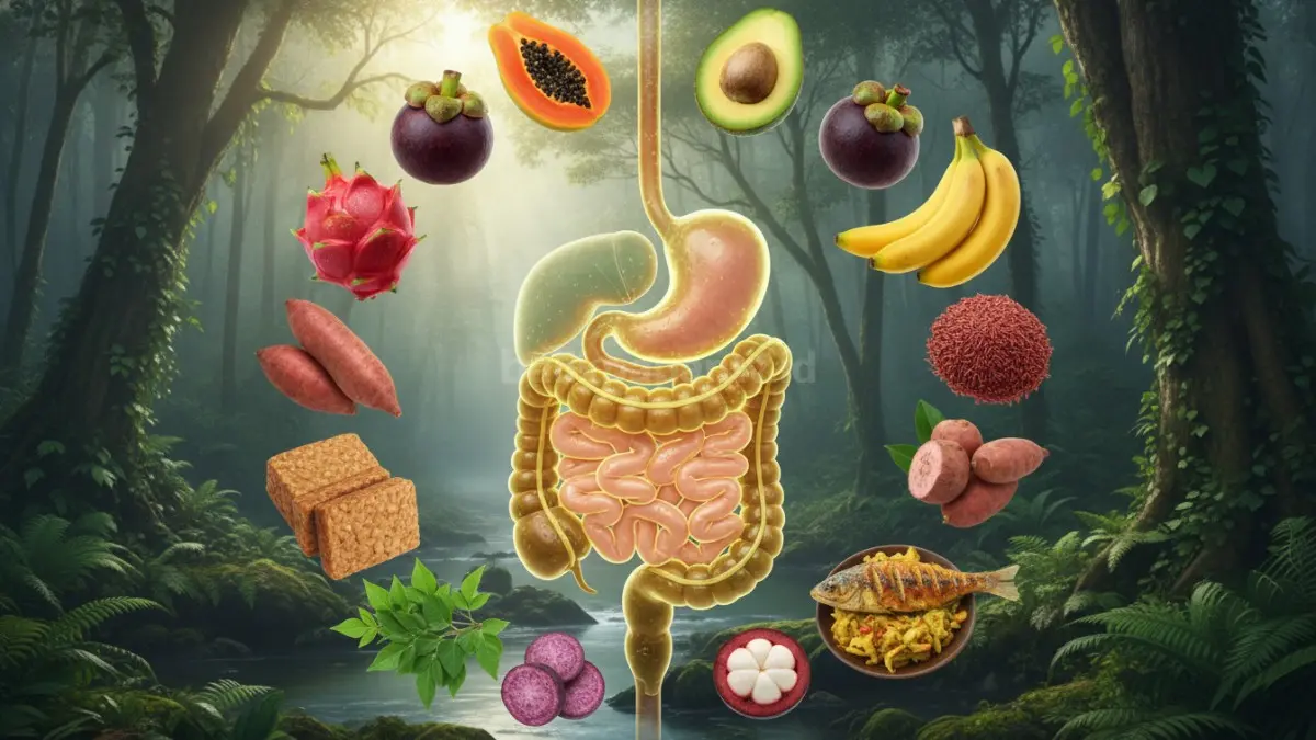 lustrasi sistem pencernaan sehat dengan makanan alami sebagai kunci tubuh bugar