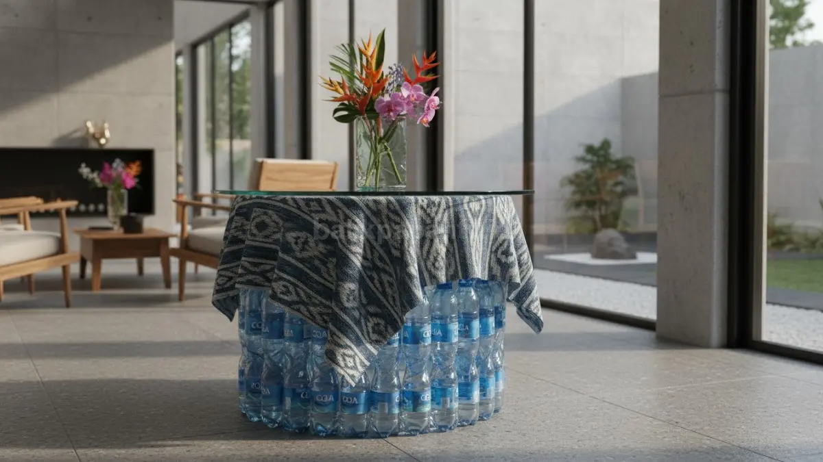 Meja botol bekas aqua dengan finishing kain dekoratif
