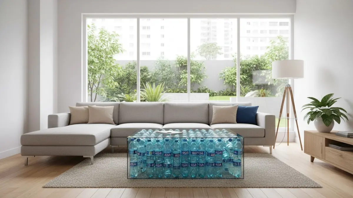 Meja kreatif dari botol aqua bekas di ruang tamu minimalis
