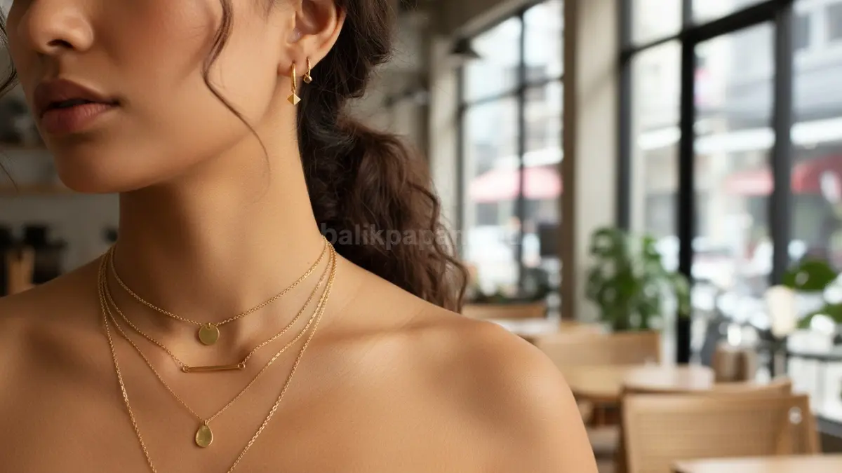 Model kalung layering dan anting minimalis emas
