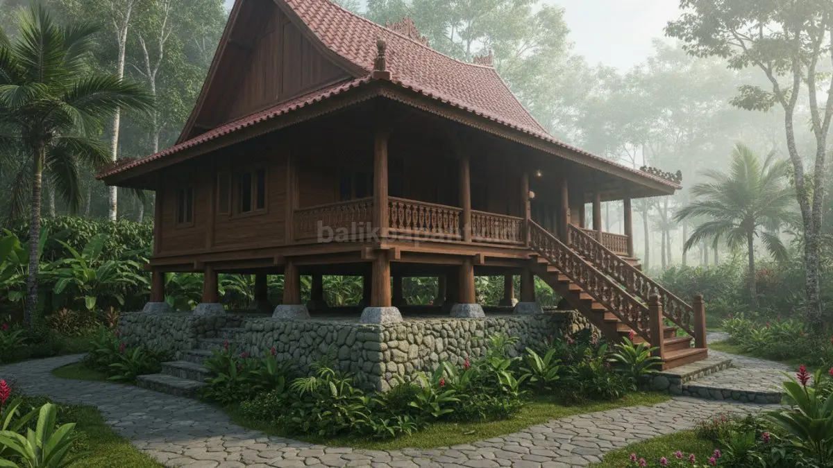 Model rumah panggung berbahan kayu dengan pondasi batu yang kokoh, memperlihatkan sirkulasi udara lancar dan struktur aman di daerah lembap. 
