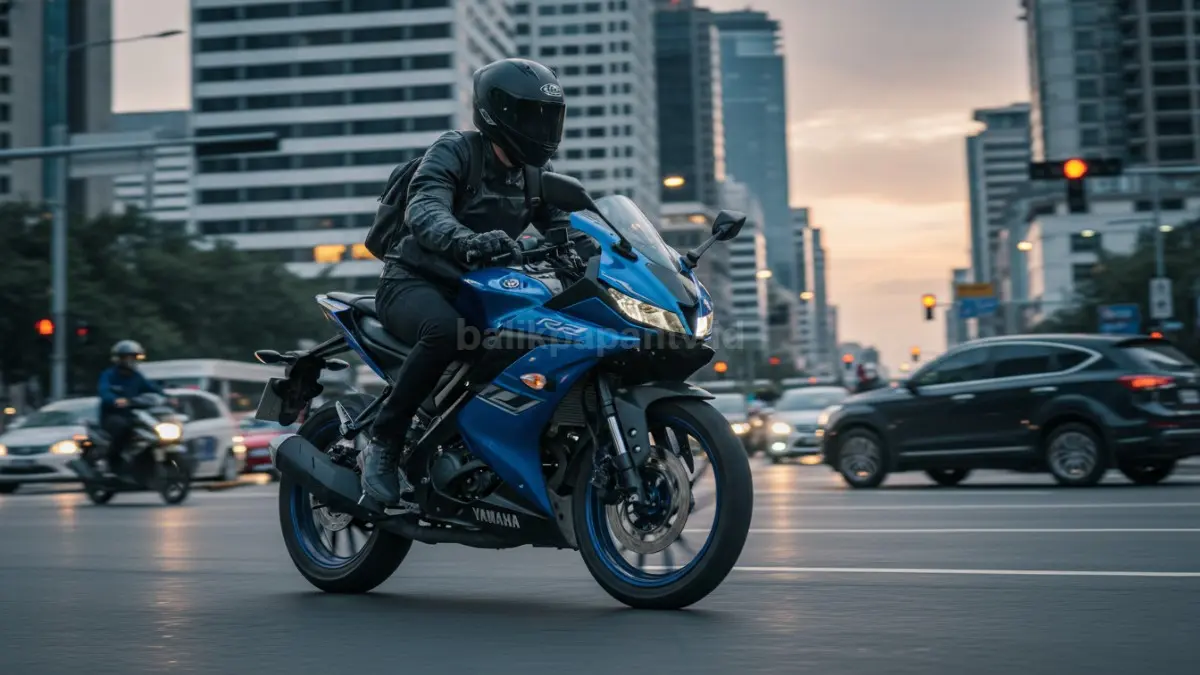 Motor Yamaha R15 V4 tampil sporty di jalan kota, jadi pilihan harian anak muda yang cari irit dan performa.