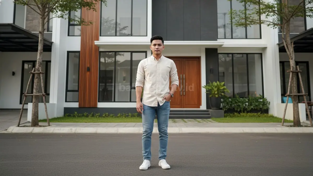 Outfit celana jeans kasual modern dengan kombinasi kemeja dan sneakers yang rapi
