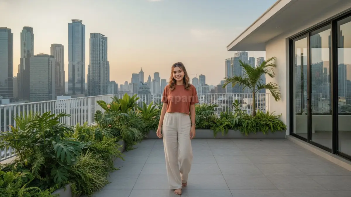Outfit crop top Gen Z dengan gaya santai modern di ruang terbuka
