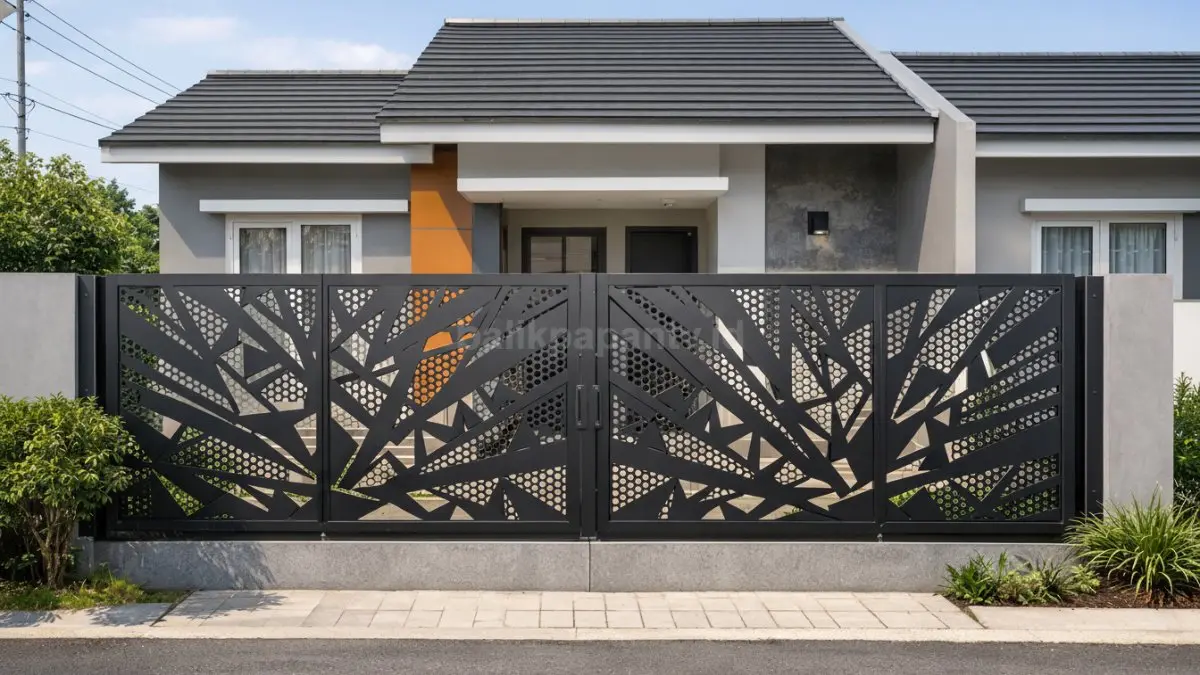 Pagar setengah tertutup panel laser cut metal di rumah minimalis.