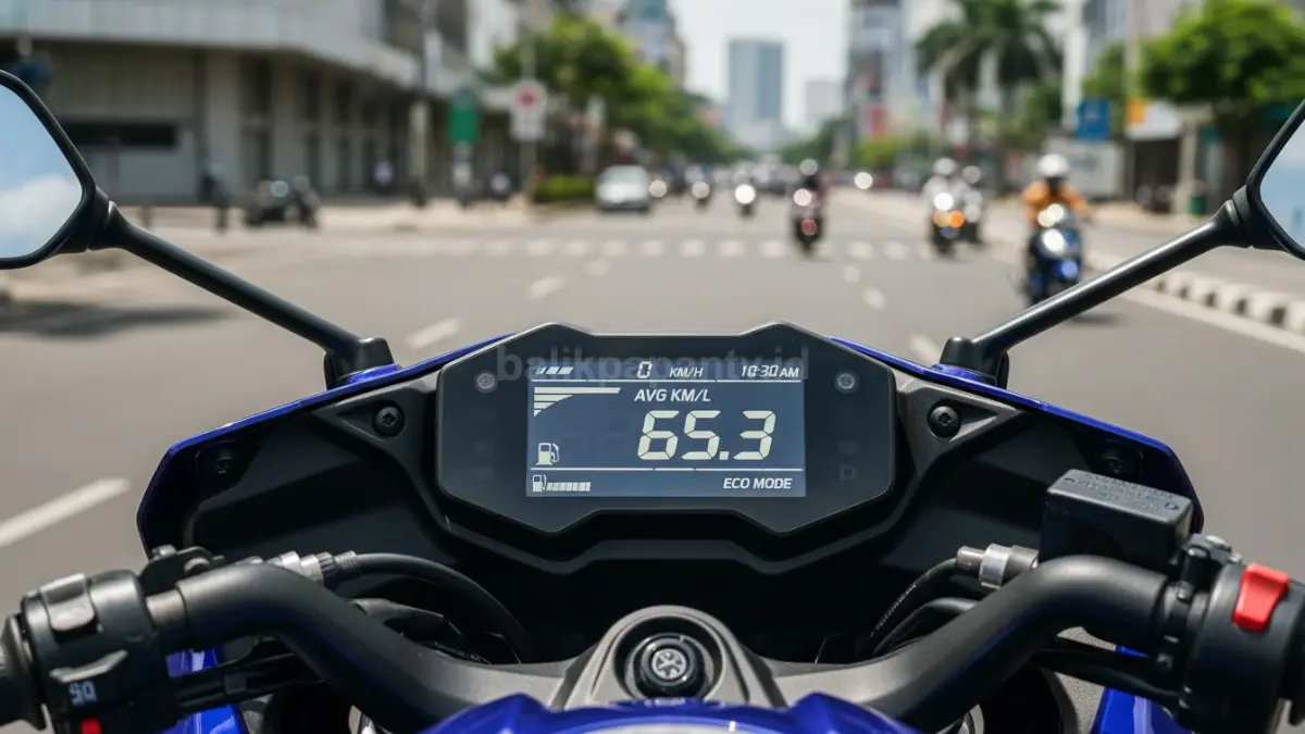 Panel speedometer Yamaha R15 V4 menunjukkan konsumsi BBM irit saat digunakan harian di jalan perkotaan.