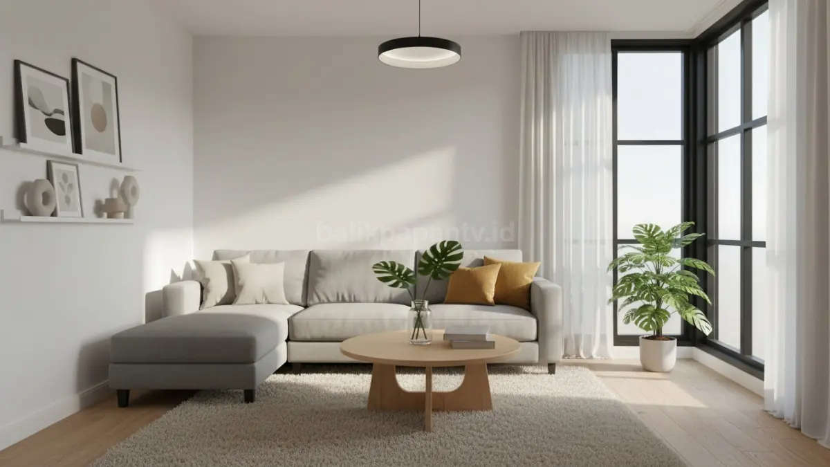 Penataan sofa minimalis di ruang tamu kecil terlihat luas dan terang
