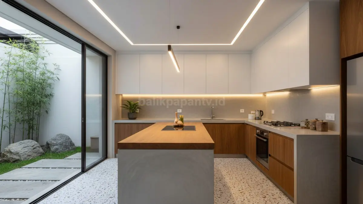Plafon geometris dengan pencahayaan LED fokus, elegan dan modern