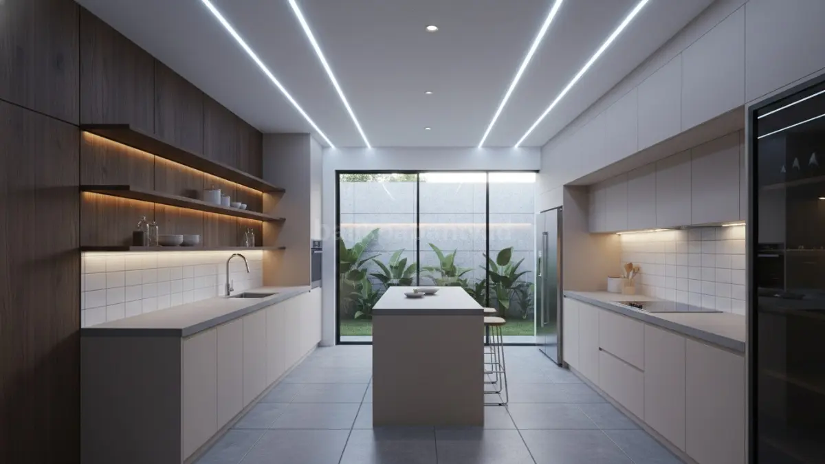 Plafon PVC berlapis dengan lampu hidden strip, visual dapur dinamis
