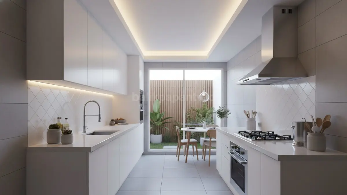 Plafon PVC dapur dengan lampu LED tersembunyi, tampil modern dan elegan