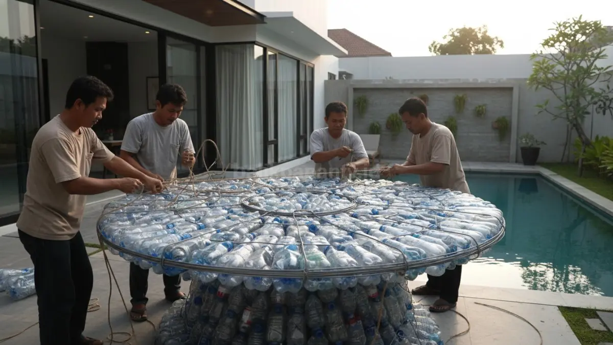 Proses mengikat botol untuk membuat meja kokoh
