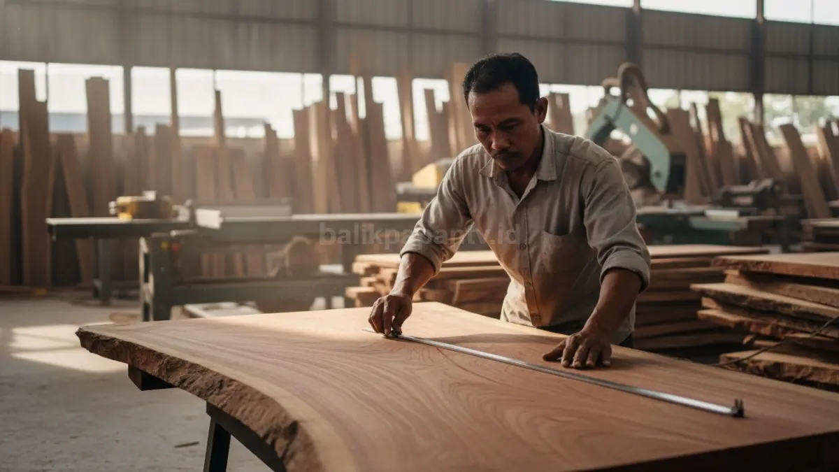 Proses pemilihan kayu berkualitas untuk meja agar kuat dan tahan lama.