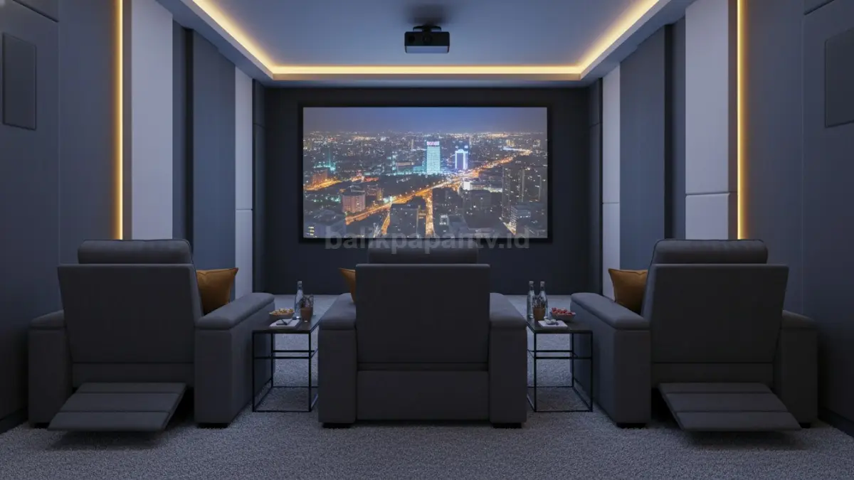 Ruang bioskop mini modern di rumah dengan layar besar dan pencahayaan redup