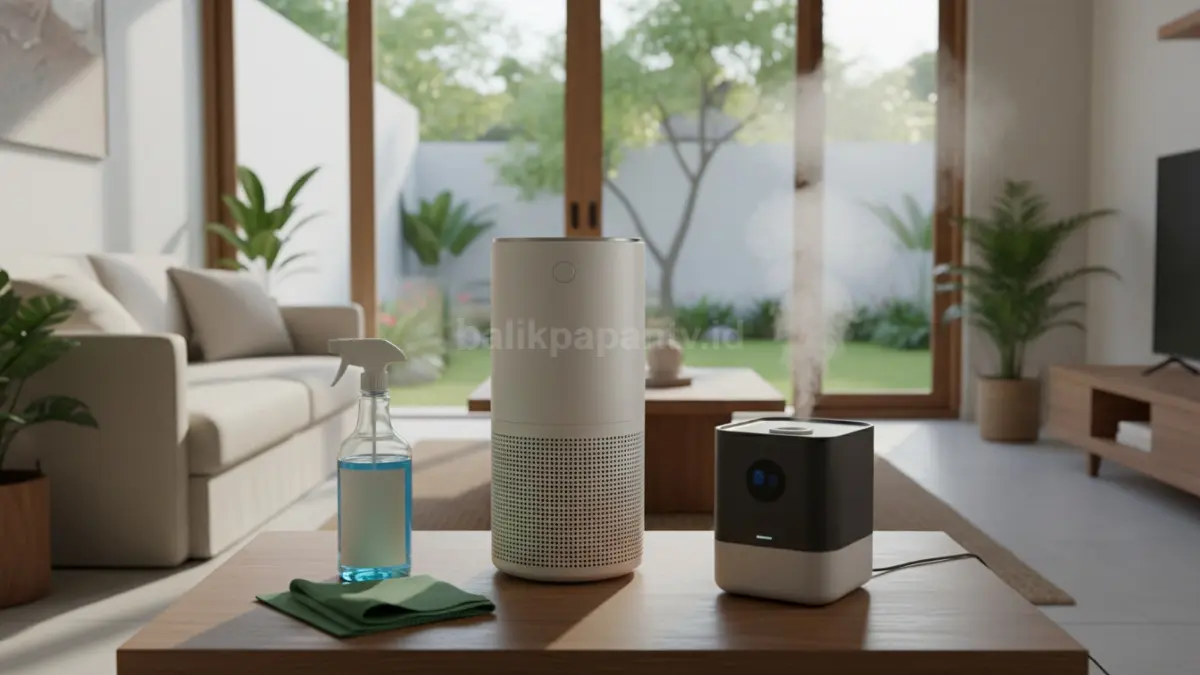 Ruang tamu bersih dengan air purifier aktif