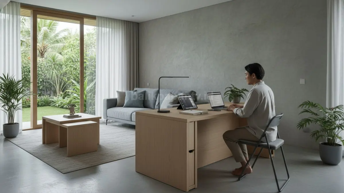 Ruang tamu modern yang berubah jadi workspace minimalis dengan furnitur lipat