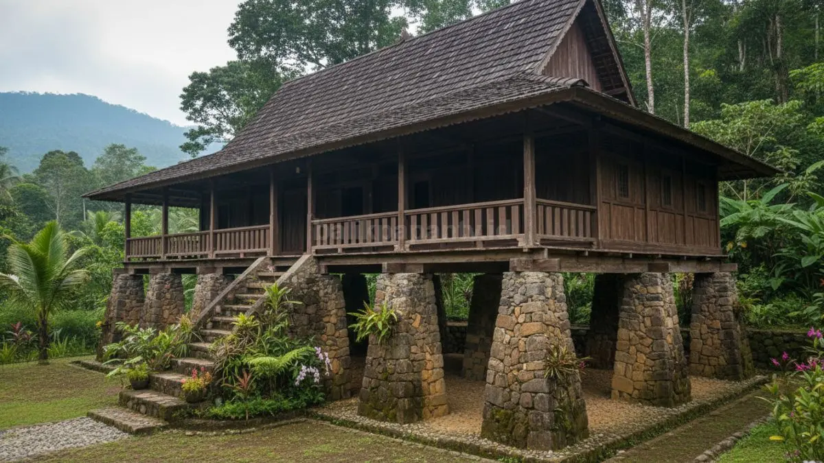 Rumah panggung berbahan kayu dengan pondasi batu alam yang kokoh, terlihat tinggi dari tanah untuk sirkulasi udara lancar dan cocok di area lembap.