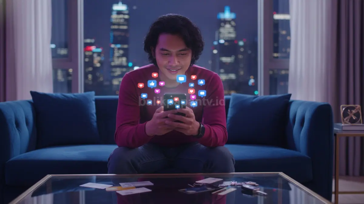 Seseorang menatap layar ponsel dengan wajah penuh harap, notifikasi like dan komentar terus muncul di media sosial, mencerminkan ketergantungan pada validasi digital untuk merasa diakui dan dihargai.