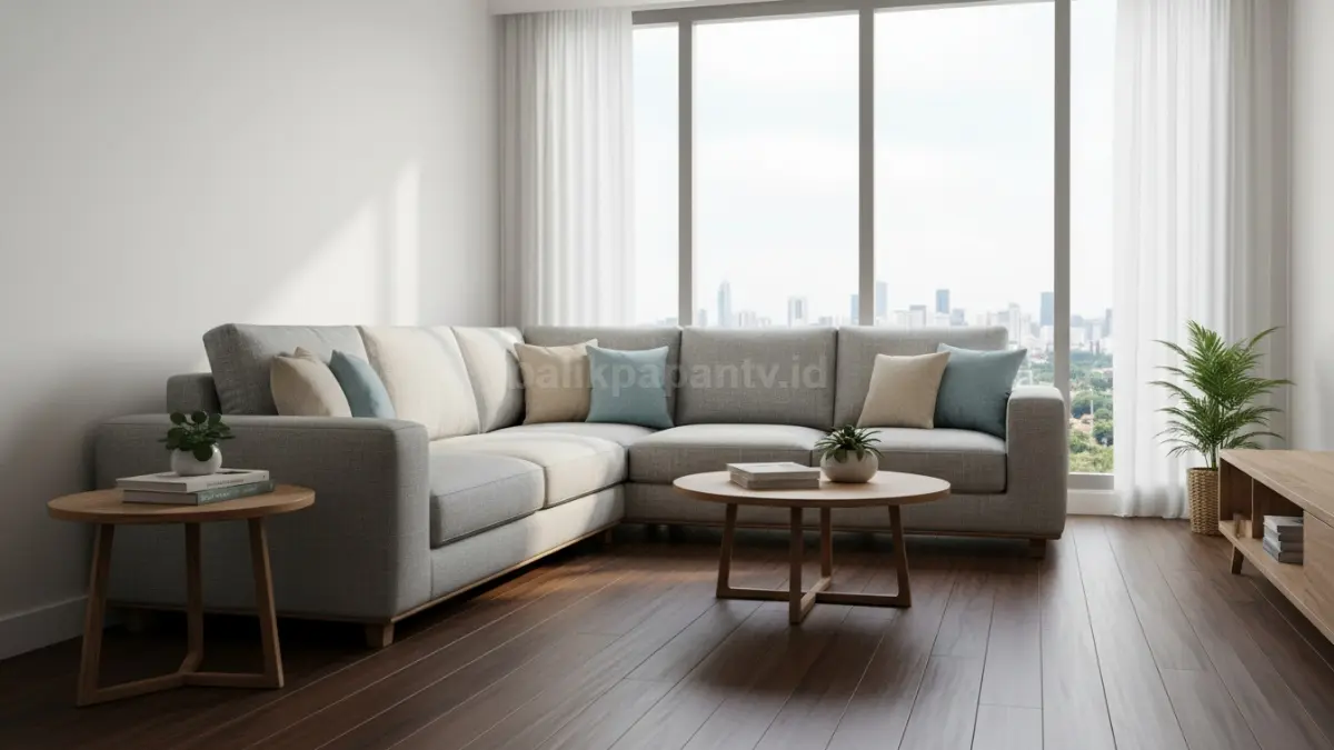 Sofa L di sudut ruangan yang efisien untuk rumah minimalis
