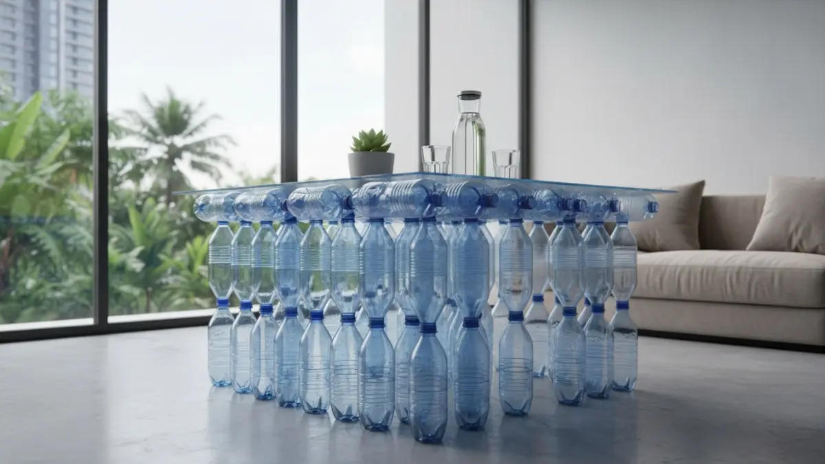 Susunan botol plastik membentuk struktur meja sederhana
