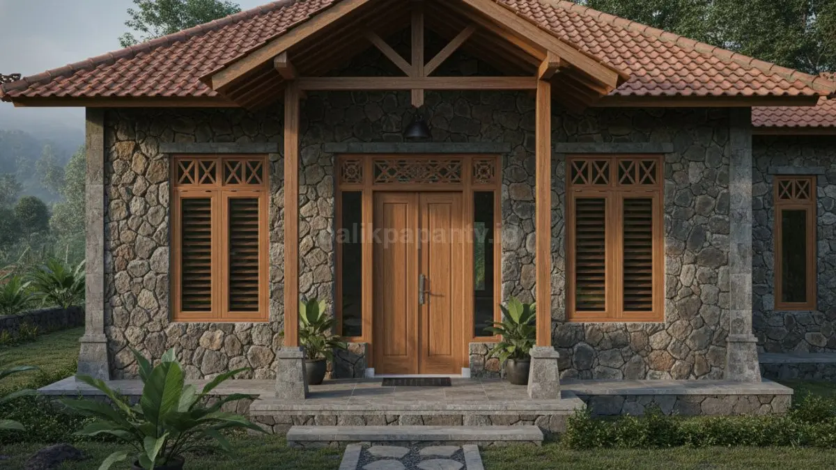 Tampilan rumah dengan dinding batu alam dominan dipadukan aksen kayu pada pintu dan jendela, menciptakan kesan kuat dan hangat.