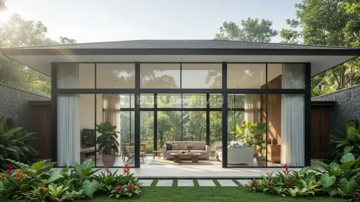 Tampilan rumah dengan jendela kaca lebar dari lantai ke plafon, menghadap taman, memperlihatkan konsep indoor-outdoor yang menyatu dan pencahayaan alami maksimal.
