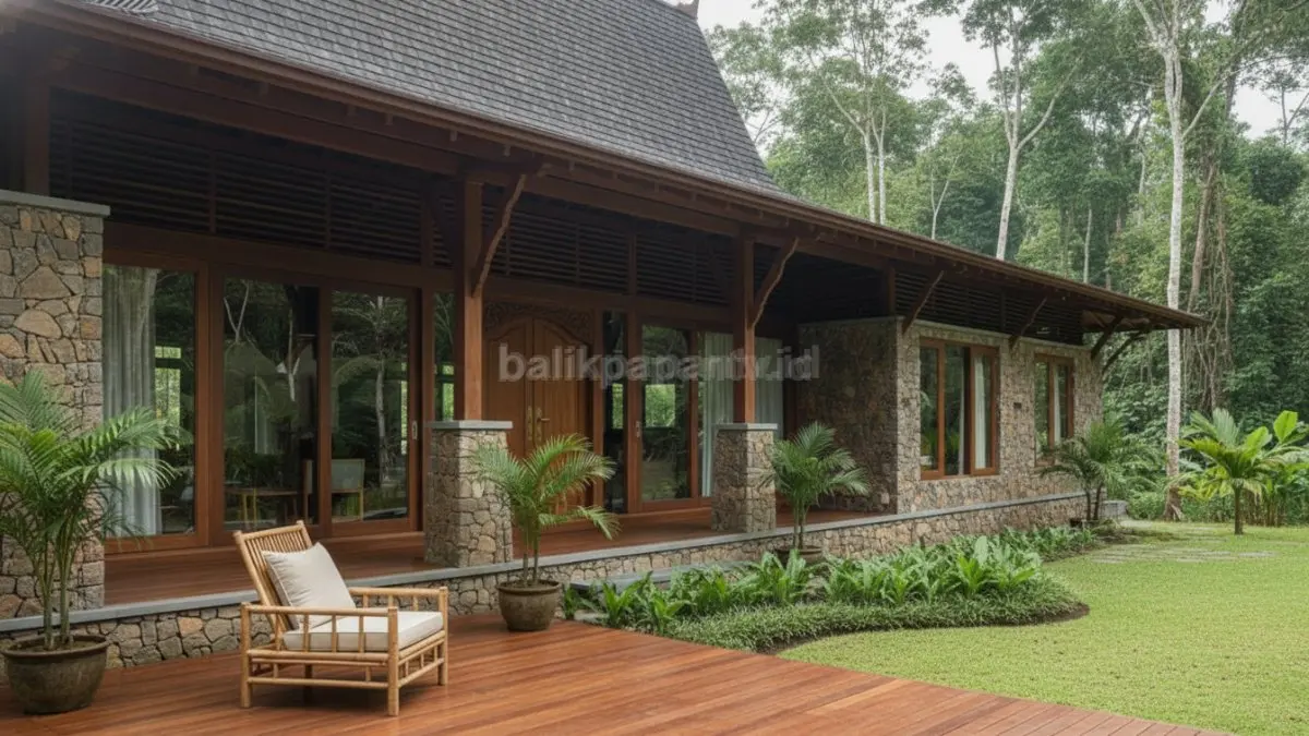  Tampilan rumah desa modern dengan kombinasi kayu dan batu alam, memperlihatkan suasana sejuk, natural, dan cocok untuk iklim tropis seperti Balikpapan.
