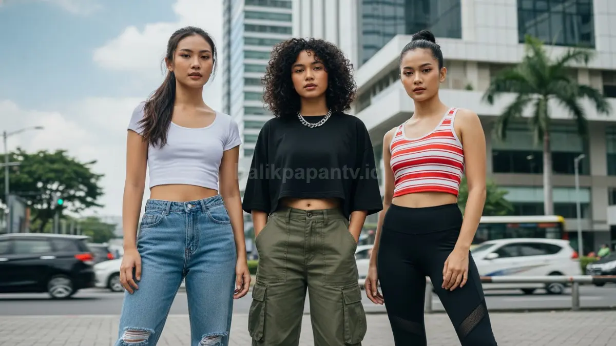 Variasi model crop top basic, oversize, dan sporty
