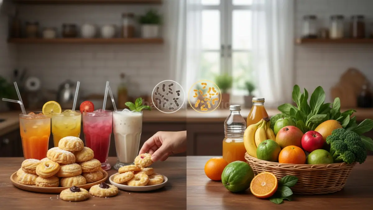 Visual perbandingan antara makanan olahan tinggi gula seperti kue kering dan minuman manis dengan pilihan makanan segar alami, menegaskan dampak konsumsi gula berlebih terhadap keseimbangan bakteri usus dan kesehatan pencernaan.