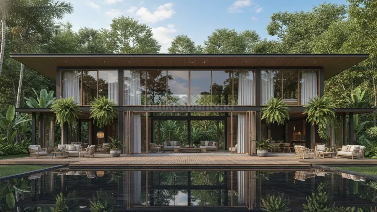 Visual rumah dengan atap datar di lingkungan tropis, memperlihatkan ventilasi alami dan bukaan lebar yang membantu sirkulasi udara tetap nyaman.