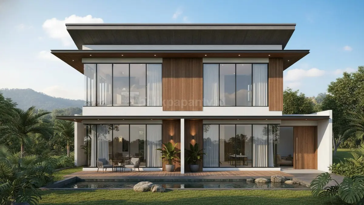 Visual rumah dua lantai bergaya modern dengan garis tegas, jendela besar di lantai atas dan bawah, menciptakan kesan elegan sekaligus fungsional.