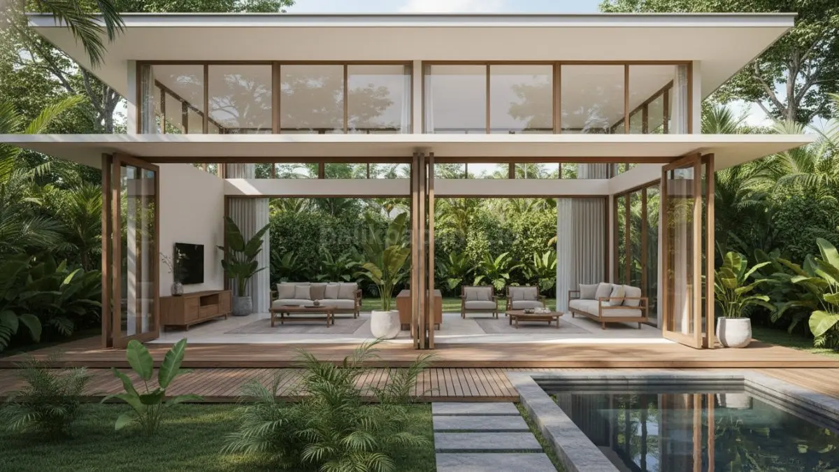 Visual rumah minimalis bergaya tropis dengan jendela besar dan bukaan lebar menghadap taman hijau, menampilkan sirkulasi udara alami yang lancar, pencahayaan maksimal, serta suasana hunian yang sejuk dan menyatu dengan alam.