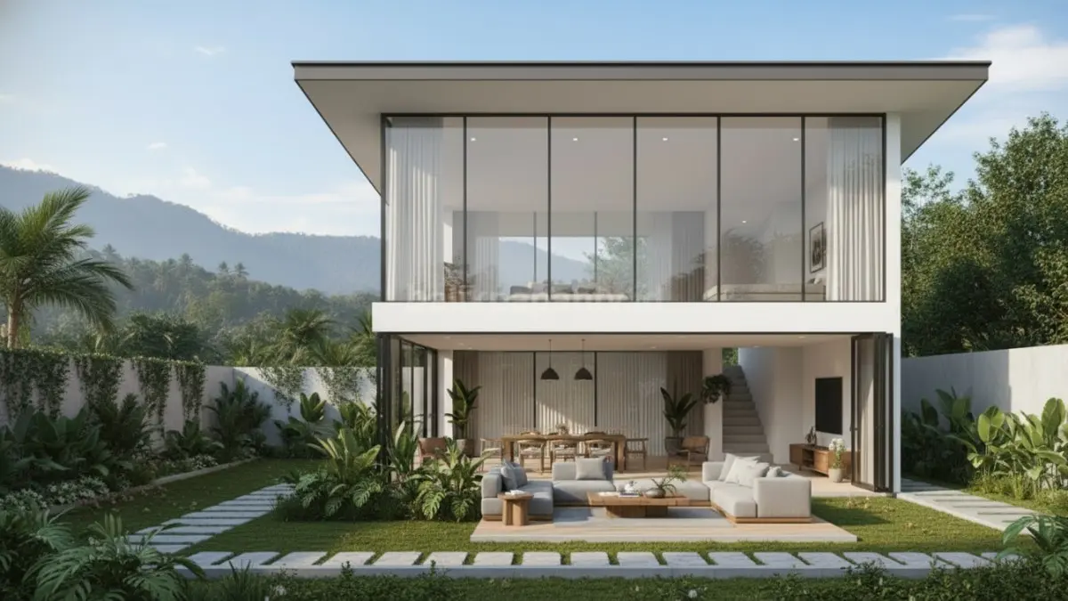 Visual rumah minimalis dengan atap datar dan jendela kaca besar yang terbuka ke taman, menampilkan pencahayaan alami melimpah, tampilan modern, serta suasana hunian yang terasa lega dan menyatu dengan lingkungan sekitar.
