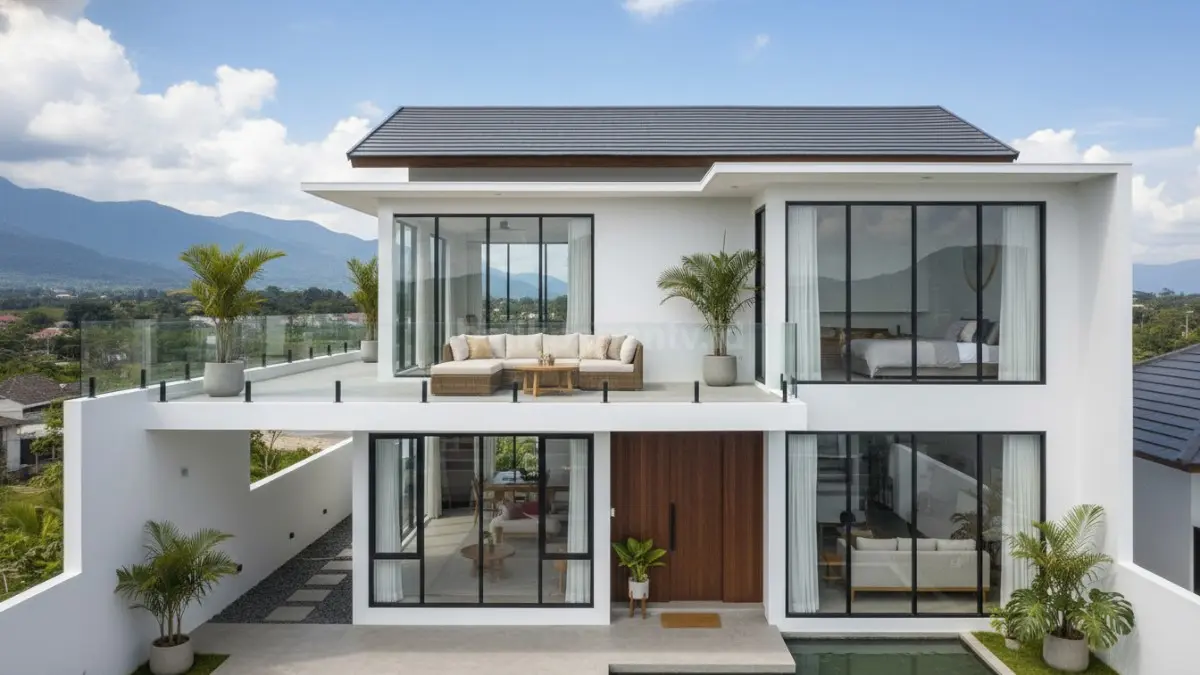 Visual rumah minimalis modern dengan atap datar yang dimanfaatkan sebagai rooftop, dilengkapi area duduk santai dan railing, menampilkan fungsi tambahan untuk bersantai sekaligus memperluas ruang aktivitas di hunian.