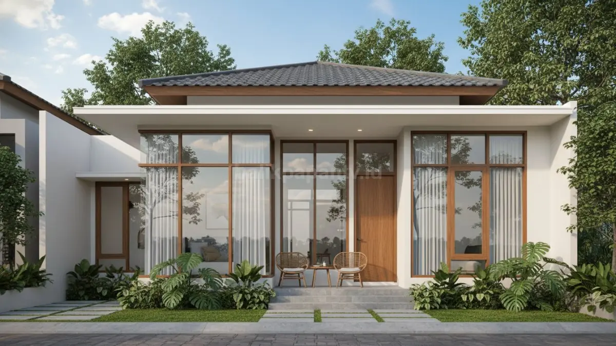 Visual rumah satu lantai dengan atap datar sederhana, jendela besar di bagian depan, menampilkan kesan lapang, terang, dan cocok untuk hunian praktis di lahan terbatas.