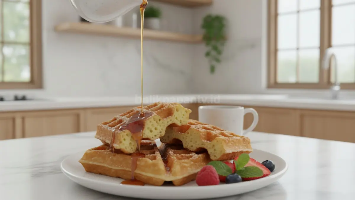 Waffle renyah dengan topping buah dan madu di meja dapur modern