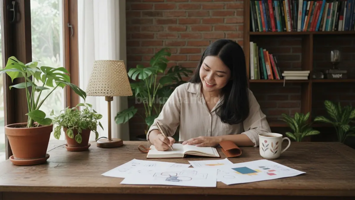 Seseorang duduk di meja kayu dengan buku catatan terbuka, pena di tangan, sambil tersenyum fokus menulis jurnal atau puisi. Di sekelilingnya ada secangkir kopi, lampu meja, dan beberapa kertas sketsa, menggambarkan suasana santai dan kreatif untuk menyalurkan ide-ide unik.