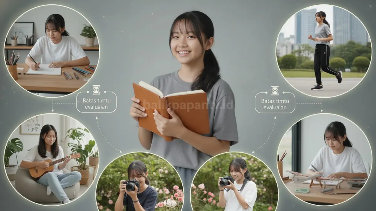 Seorang remaja mencoba berbagai aktivitas, dari menggambar hingga jogging ringan, sambil mencatat pengalaman di buku harian. Gambar ini menggambarkan pentingnya eksplorasi hobi dengan batas waktu evaluasi agar bisa menentukan mana yang benar-benar cocok dan menyenangkan.
