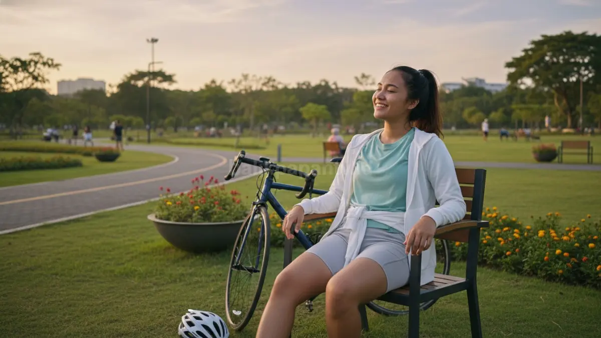 Seseorang duduk santai sambil tersenyum setelah bersepeda di taman sore hari, menandakan aktivitasnya memberi rasa lega dan nyaman. Gambar ini menunjukkan pentingnya memperhatikan reaksi fisik dan emosional setelah melakukan hobi untuk menilai kecocokan.