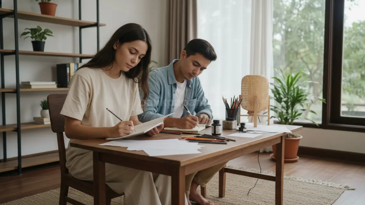 Seseorang terlihat fokus menggambar di buku sketsa atau menulis di meja kerja sederhana, dengan suasana tenang dan minim distraksi. Ekspresi wajah menunjukkan konsentrasi penuh, seolah pikiran yang sempat penuh mulai terurai perlahan. Aktivitas kreatif seperti ini memberi ruang ekspresi tanpa tekanan, membuat fokus berpindah dari masalah ke proses yang dijalani. Terlihat juga suasana nyaman yang mendukung peningkatan konsentrasi. Nah, dari sini kelihatan, hobi kreatif bukan sekadar hiburan, tapi jadi cara menjaga kestabilan mental, pahamlah ikam Cess.