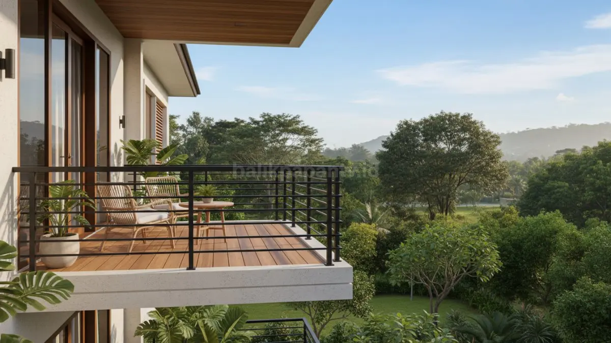 Balkon rumah besi minimalis modern menempel di fasad lantai atas, menampilkan railing hollow galvanis yang kuat dan elegan. Area ini dirancang untuk duduk santai, menikmati pemandangan, dan menghubungkan visual interior dengan eksterior rumah, cocok untuk iklim tropis dengan coating anti korosi yang tahan lembap.