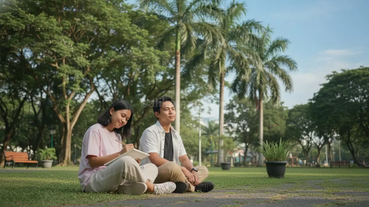 Seseorang terlihat menikmati hobi sederhana seperti menggambar atau berjalan santai di ruang terbuka, dengan ekspresi rileks dan fokus. Aktivitas ini menggambarkan bagaimana hobi menjadi “ruang aman” bagi pikiran, membantu tubuh melepaskan hormon bahagia seperti dopamin. Terlihat suasana tenang yang mencerminkan pikiran mulai lebih ringan setelah aktivitas tersebut. Nah, dari sini terlihat jelas, hobi bukan sekadar pengisi waktu, tapi cara alami menjaga keseimbangan mental.