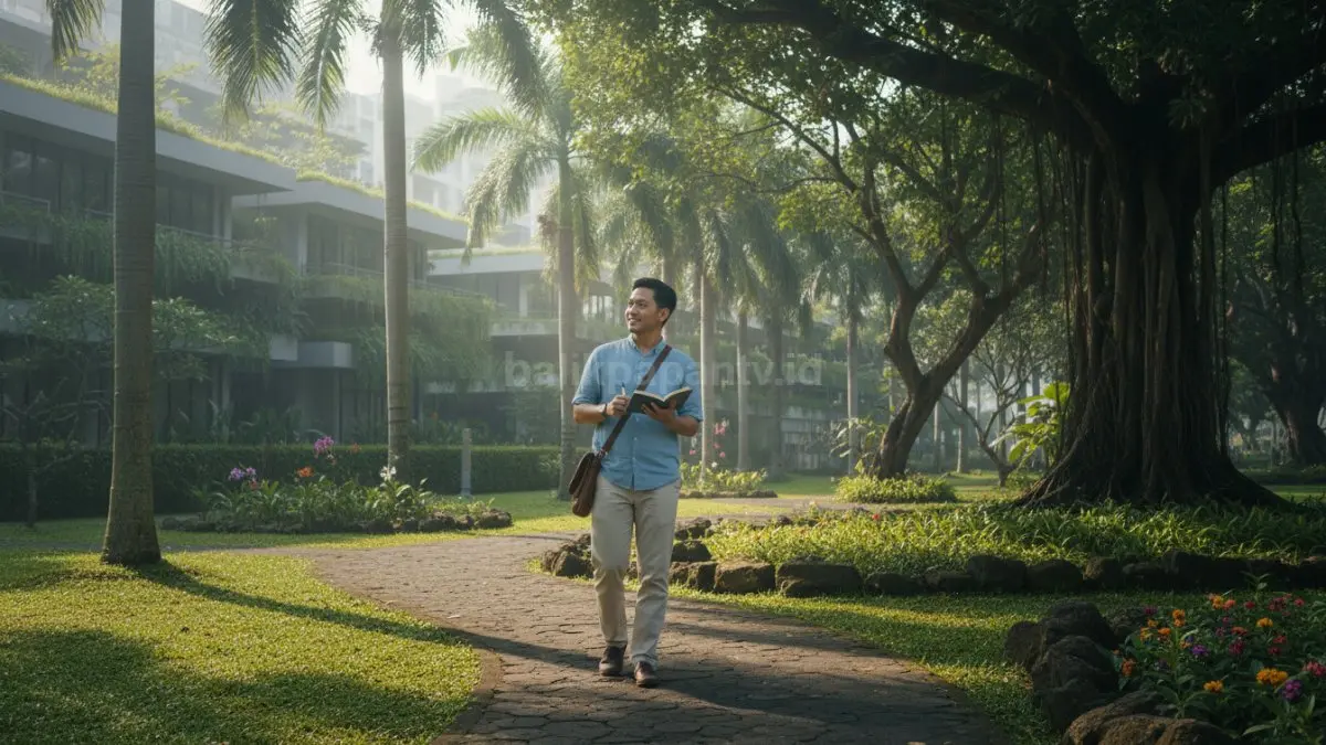 Seorang individu terlihat sedang berjalan santai di taman sambil menikmati suasana pagi. Ilustrasi ini menekankan pentingnya memulai hobi dari aktivitas kecil sehari-hari, mengamati minat dan kebiasaan sederhana untuk menemukan kecocokan yang tepat secara konsisten.