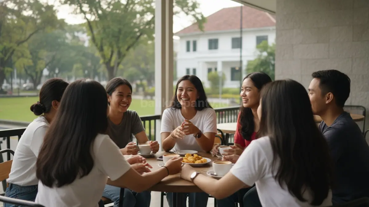 Sekelompok orang duduk santai sambil berbincang hangat di satu meja, terlihat saling mendengarkan dan tertawa dengan suasana akrab. Interaksi sosial yang sehat seperti ini membantu meredakan stres karena adanya koneksi emosional yang nyata. Bukan sekadar kumpul, tapi ada percakapan yang bermakna dan saling mendukung. Terlihat jelas perbedaan antara ngobrol berkualitas dengan sekadar hadir tanpa tujuan.